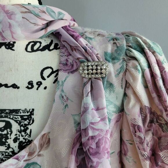 VTG rare deadstock 80s floral blouse puff sleeve attached scarf regency cottage - Picture 6 of 14